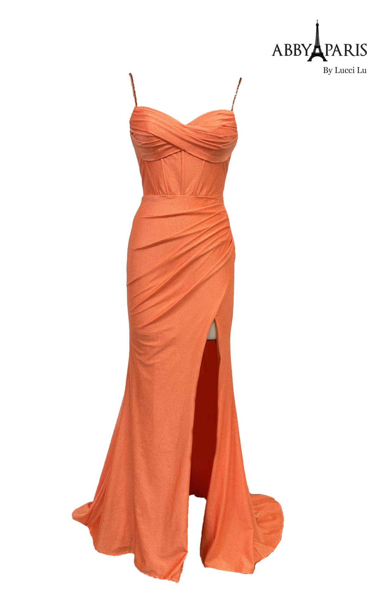 The Ruched Corset Glitter Prom Dress (Abby Paris 90203) features a sleeveless orange design with spaghetti straps, a fitted ruched corset bodice, high slit, floor-length skirt, and Abby Paris logo in the top right corner.